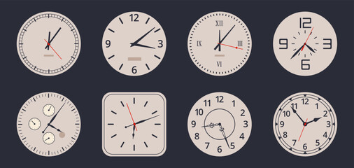 Watch faces. Cartoon analog clocks, electronic and mechanical vintage watch faces with numbers and clock hands flat vector illustration set on white background