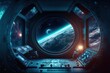© Svitlana - Image A futuristic spacecraft control center and a window with a gorgeous view of the planet in cold boundless space in high resolution, the earth's orbit in the window, cold tones. AI