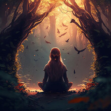 Girl Seated In Forest Meditating Beam Of Light Birds Flying
