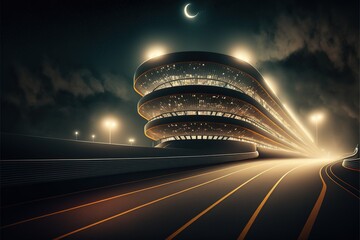 Wall Mural - high definition wallpaper illustrating curved asphalt race track and backlit racing track, painting,