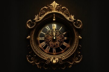 Image Gold black old clock close up front view, high resolution, style, luxury, vintage, gear, metal, business, clockwork, steel, elegance, handmade, 3d render, esoteric, time count. AI