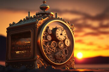 Manual mechanical old winding mechanism close-up against the background of a golden sunset in high resolution, quality, symbol of longevity, dial,wallpaper, 3d visualization, steampunk, abstraction.AI