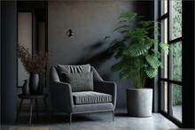 Style Loft Interior With Gray Armchair And Dark Walls, High Resolution, Style, Design, Modern Renovation, Panoramic Window, Seating Area With A Cup Of Coffee Or An Interesting Book, Background. AI