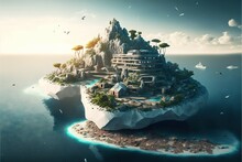 Sustainable City Built On A Rocky Island Above A Beautiful, Azure Boundless Ocean, Utopia, Resort, Travel, Vacation, High Resolution, Quality, Modern, Future, Sky, Clouds, Picturesque Landscape. AI