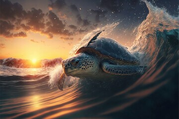 wild turtle swims in the sea with waves against the backdrop of a picturesque sunset of the golden sun, resort, excellent desktop wallpaper, tropics, high resolution, high quality image. AI