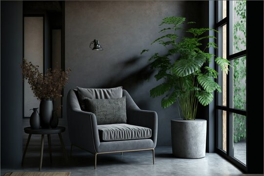 style loft interior with gray armchair and dark walls, high resolution, style, design, modern renova