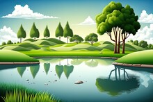 Scenery Of A Golf Course, With A Green Field, A Pond, And Bright Sunshine. Generative AI