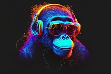 With A Neon Party Monkey Wearing Headphones And Sunglasses, Not Based On Any Real-world Event. Generative AI