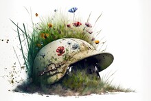 Deteriorated War Pilot Helmet Painting With Grass And Flowers, Digital Illustration, White Background. Generative AI