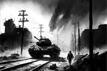 Wall Mural - War scene with tank and destroyed city in the background. Generative AI