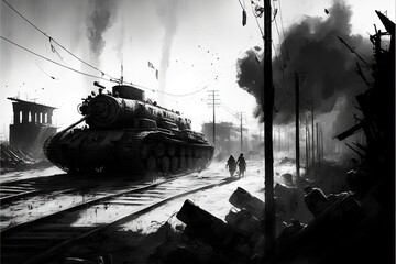 Wall Mural - War scene with tank and destroyed city in the background. Generative AI