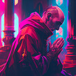 Monk to pray in church. Vintage-style image, purple tone..