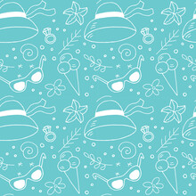 Hat, Sunglasses, Ice Cream Cone, Decorative Elements. Set Of Accessories For A Beach Holiday, A Starfish, A Shell And Flowers Vector Seamless Pattern White On A Blue Background