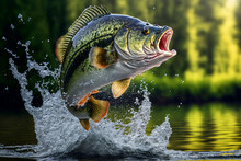Bass Fish Jumping Out Of River Water Made By Generative Ai