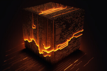 cube of glowing code in a computer computer simulation made by generative ai