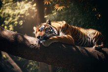 Tiger Sleeping On A Branch Made By Generative Ai