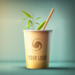 Vector illustration . Paper cup with straws and green sprout. Drinks, soda, cocktail, milkshake on a blue-green background 