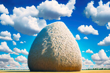 Large Haystack Against Blue Sky And Fluffy White Clouds