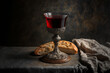 Chalice of wine with a piece of bread on a Lord's Supper table, wine, bread, supper, christ, Generative Ai	
