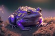 A holographic majestic toad with a purple kings robe seen at night under the starry sky.