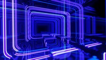 4k Seamless Looped Animation. Fly Through Mirror Tunnel With Neon Pattern, Glow Lines Form Sci Fi Pattern. Bright Reflection Neon Light. Simple Bright Background, Sci Fi Structure