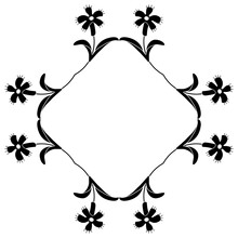 Rhombus Shape Square Floral Frame With Stylized Wild Flowers. Folk Style. Black And White Negative Silhouette. Isolated Vector Illustration.