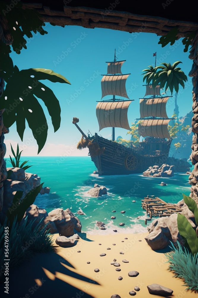 Stock-Illustration „A pirate ship on the shores of beautiful beach ...