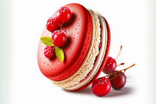 Macaron With Bright Red Berries And Crispy Crust On White Background