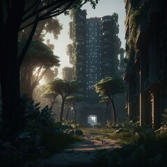 An abandoned city in the year 2045 at dusk which contains, giant trees, tiny soft fireflies, lush vegetation.