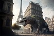 Ruined Paris city with roaming dinosaurs in a post-apocalyptic landscape.
