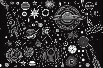 Retro line work of a beautiful outer space iconography pattern with stars, the sun, moon, spaceship, comets, constellations.