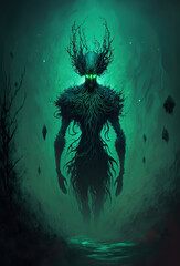 Wall Mural - a demonic creature standing in front of a green background, concept art, cosmic horror, hellish background, art illustration 