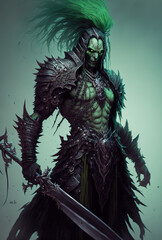 a green and black character with a sword, concept art illustration 