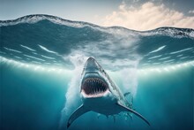 A Predator Great White Shark Swimming In The Ocean - - Generative AI