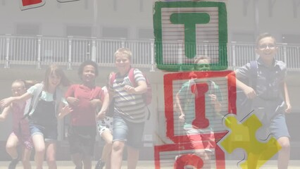 Poster - Animation of puzzle and autism text over diverse schoolchildren running