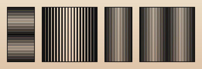 Laser cut pattern. Abstract geometric patterns collection with halftone lines, stripes, gradient transition. Decorative panels. Stencil for laser cutting of wood, metal, paper. Aspect ratio 1:2, 1:1