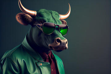 Crypto green bull with glasses at the leather jacket, AI