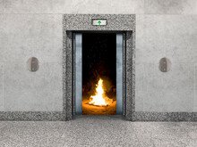 An Office Elevator-vacation Camping Concept: Stark Elevator Doors Open To Reveal A Blazing Camp Fire In The Darkness.