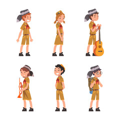 Sticker - Little Boy and Girl Scout in Uniform Engaged in Adventure Vector Set