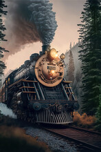 Illustration Of A Beautiful Steam Locomotive With Traditional Wagons In A Winter Landscape With Many Trees Inside The Forest. Generative AI