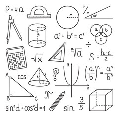 Wall Mural - Mathematics doodle set. Education and study concept. School equipment, maths formulas in sketch style. Hand drawn ector illustration isolated on white background