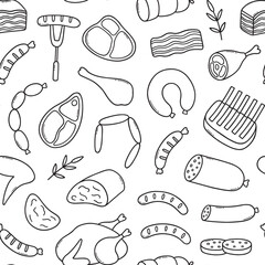 Wall Mural - Seamless pattern of meat doodle. Sausages, steaks, ribs, pork, beef in sketch style. Hand drawn vector illustration