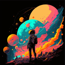 A Man In A Spacesuit Looking Out Into Space, Standing On An Unknown Planet. A Vividly Colored Outer Space. Dark Background. Bright Colors. For T-shirts, Notebooks, Posters, Covers, Covers.