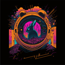 Rabbit In An Orange Space Capsule. Dark Background. Bright Colors. For T-shirts, Notebooks, Posters, Covers, Covers.