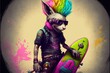 Crazy punk rocker easter bunny with giatar and snowbo, created with Generative AI technology
