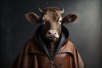 Cow dressed in a leather coat, created with Generative AI technology