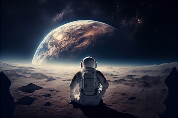 the astronaut sits with his back and looks at the planet in space.