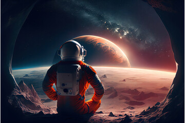 Wall Mural - The astronaut sits with his back and looks at the planet in space.