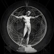 vitruvian man in front of a earths globe geometric art black and white thin lines compass angles 