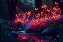 Ai Generated. Magic Nature Glowing In The Dark. Mysterious Enchanted Forest Concept At Night. Bioluminescent Plants And Grasses On The River Bank.